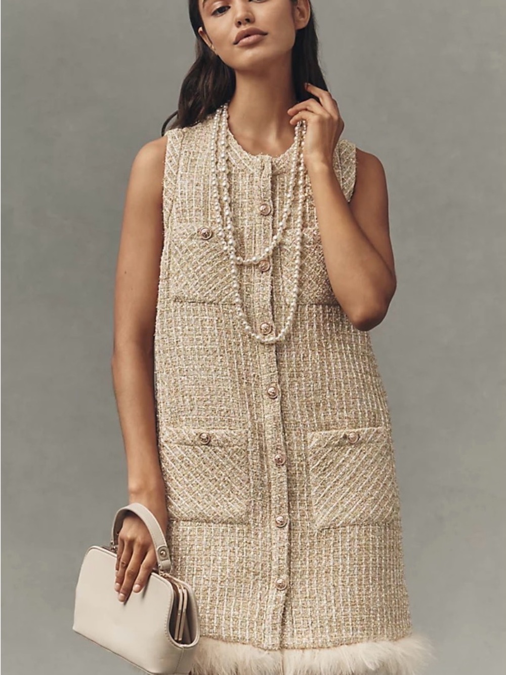 NWT$253 SAYLOR Gold Tweed Sleeveless Feather Trim Dress Medium